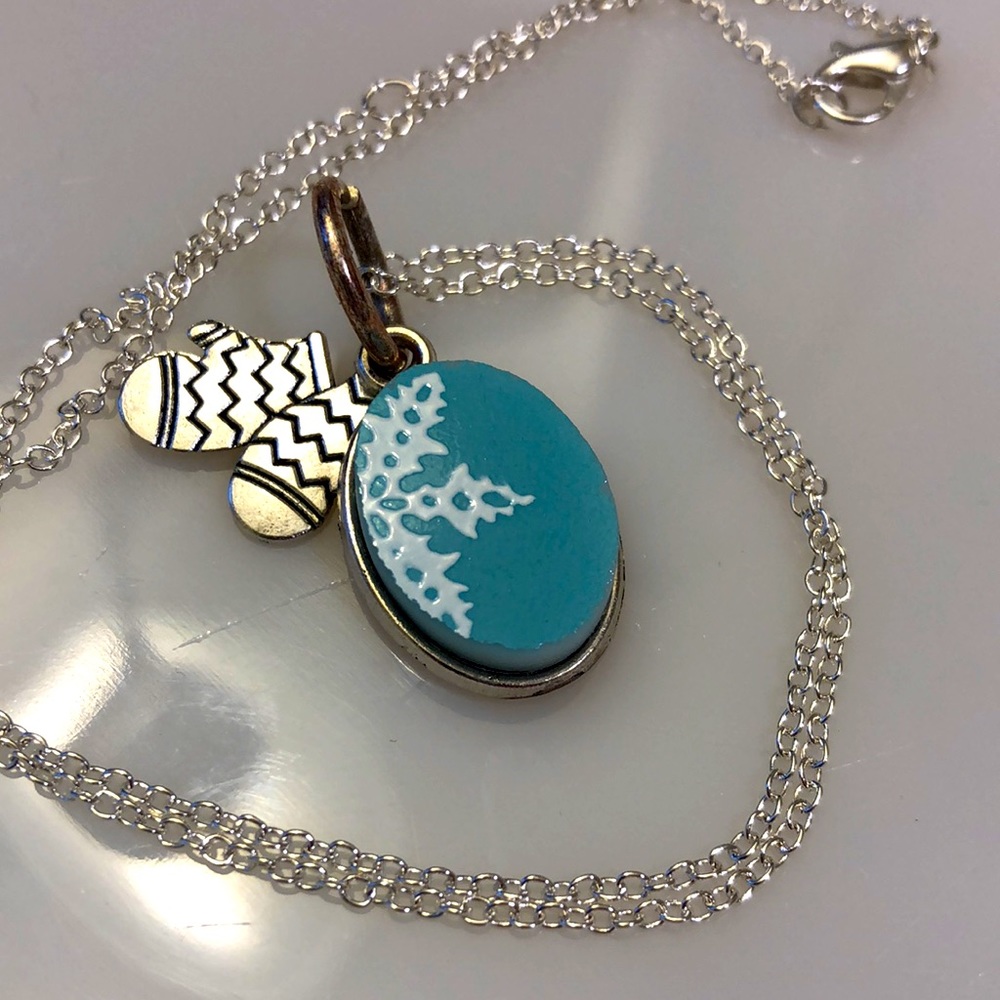 Upcycled vintage Pyrex Turquoise Snowflake handmade necklace pendant charm